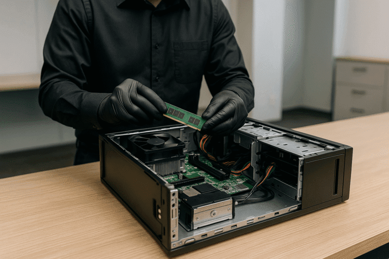 een open dell optiplex desktop op een nette werkbank