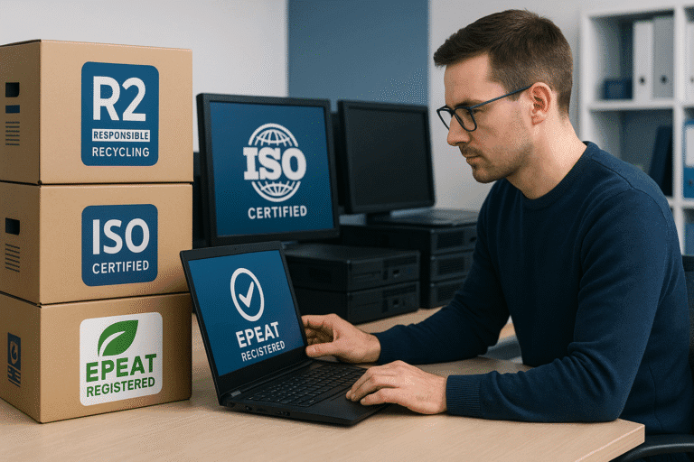 IT-specialist controleert gecertificeerde refurbished hardware met R2, TÜV, ISO en EPEAT keurmerken